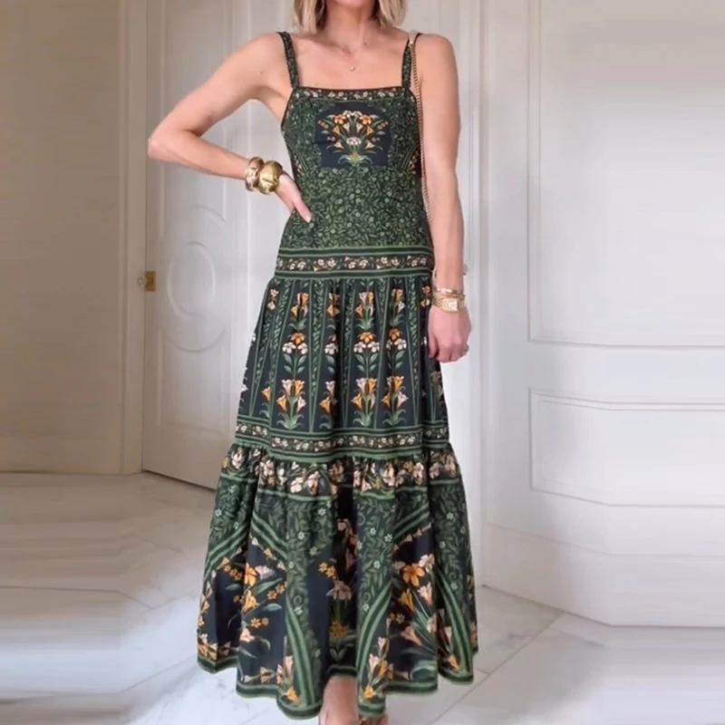 Długa sukienka damska w kwiaty na wiosnę i lato, seksowna sukienka na ramiączkach z dekoltem typu hiszpanka i odkrytymi plecami, nowa luźna sukienka boho bez rękawów.