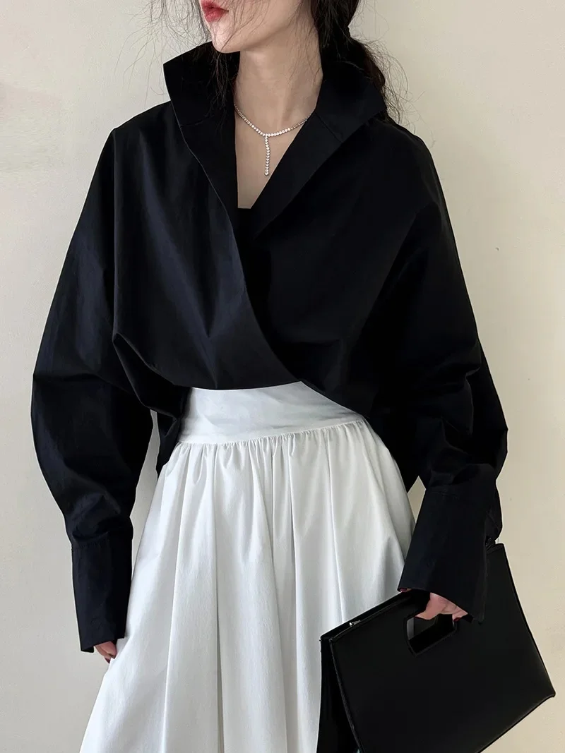 

Элегантная женская белая рубашка с воротником-стойкой и глубоким V-образным вырезом, для офиса, больших размеров, с полуоткрытым воротом