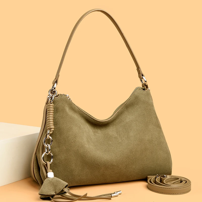 100% Echtes Wildleder Damen Schulter-Umhängetaschen Retro Echtleder Handtasche Designer Große Kapazität Pendler-Handtaschen – Detail 28