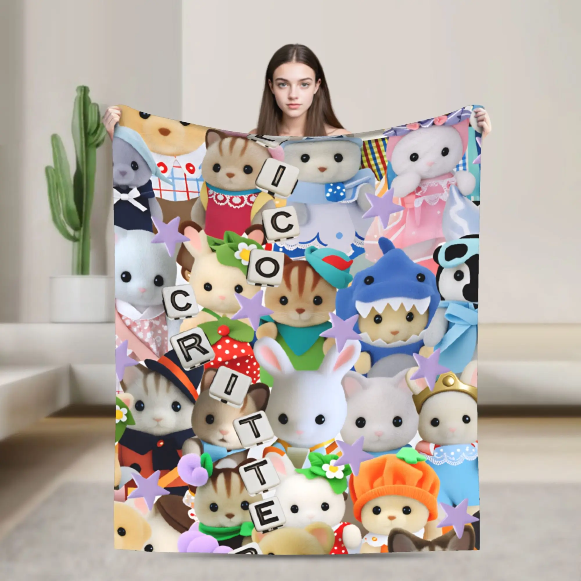 

Cute Sylvanian Families Warm Soft Blanket Decorative Plush Bedding Throws Novelty Living Room Flannel Bedspread Sofa Bed Cover