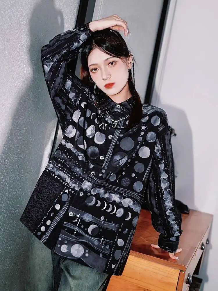 

New Chinese Style National Style Han Elements Printing Long Sleeves Shirt Retro Tops Loose And Comfortable