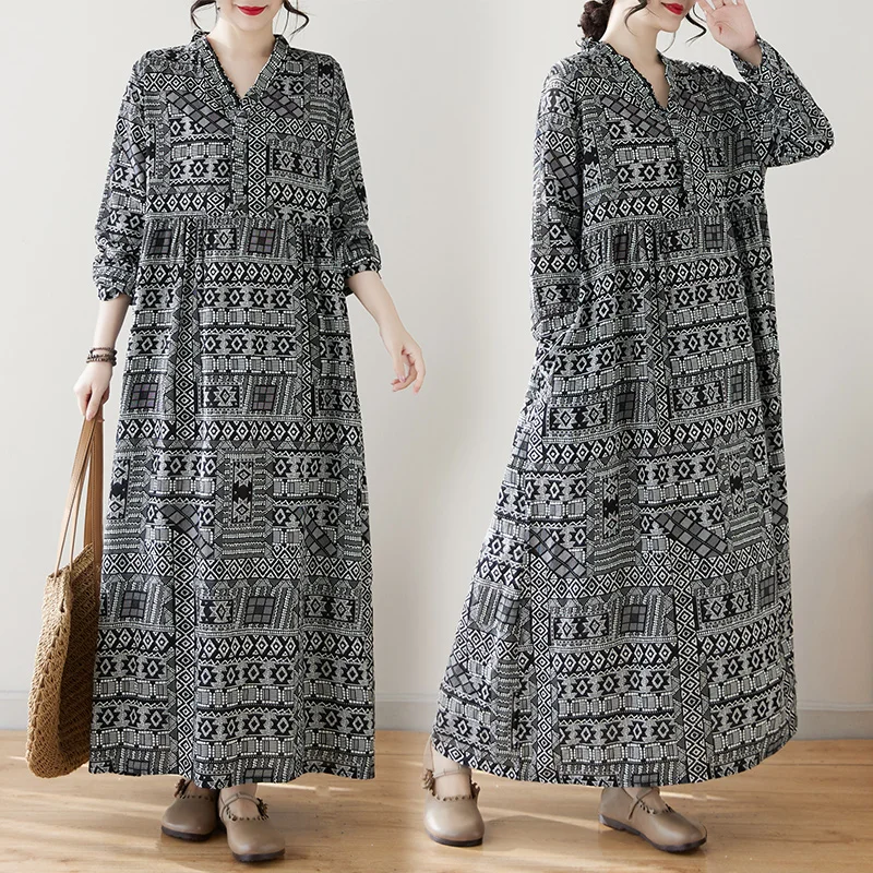 NYFS 2025 فستان طويل عتيق جديد لربيع وصيف فضفاض بأكمام طويلة مطبوع فستان نسائي رداء Elbise