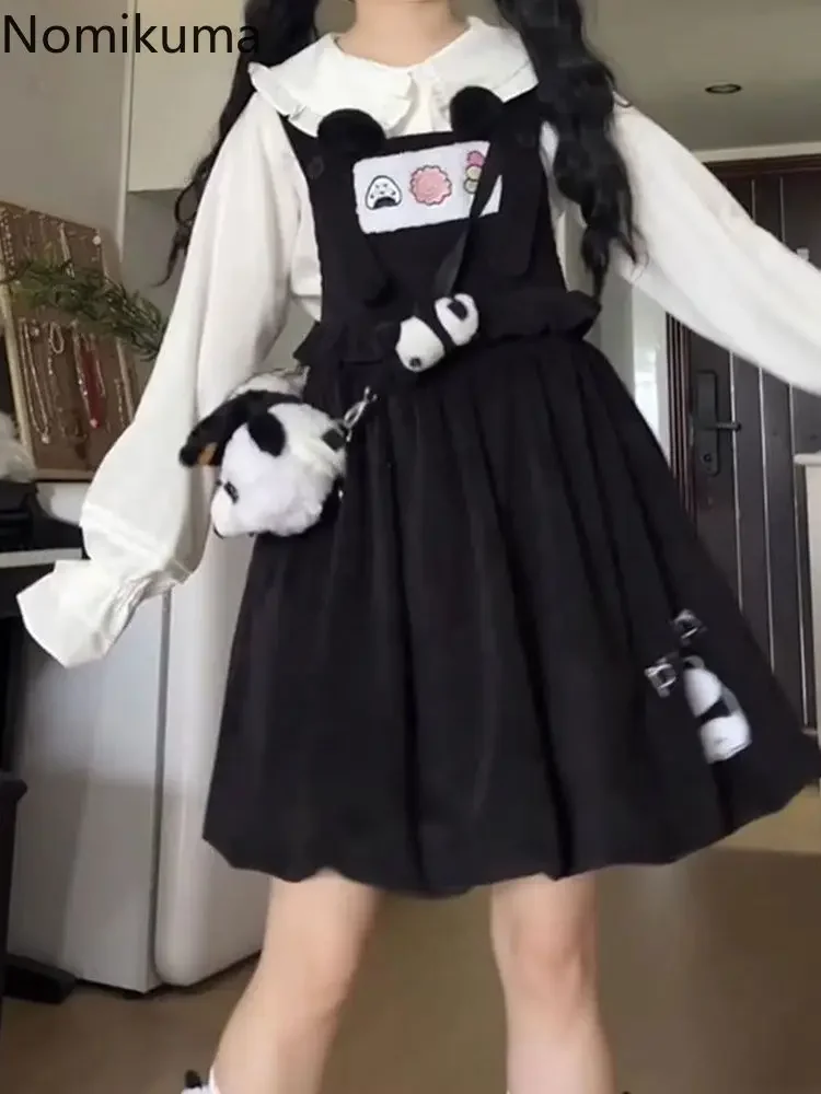 

Preppy Style Dresses Outfits Two Piece Sets for Women Peter Pan Collar Long Sleeve Blouse Embroidery Bow Loose Sweet Dress Suit