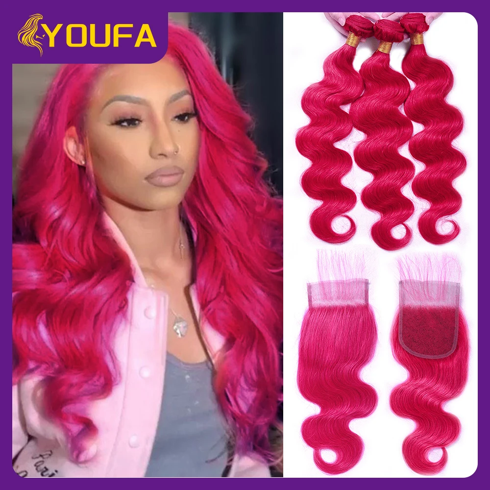 paquets-de-cheveux-humains-ombres-rose-vif-avec-fermeture-pre-plumee-1b-paquets-d'armure-de-cheveux-humains-de-vague-de-corps-rose-avec-des-fermetures-de-dentelle-4x4