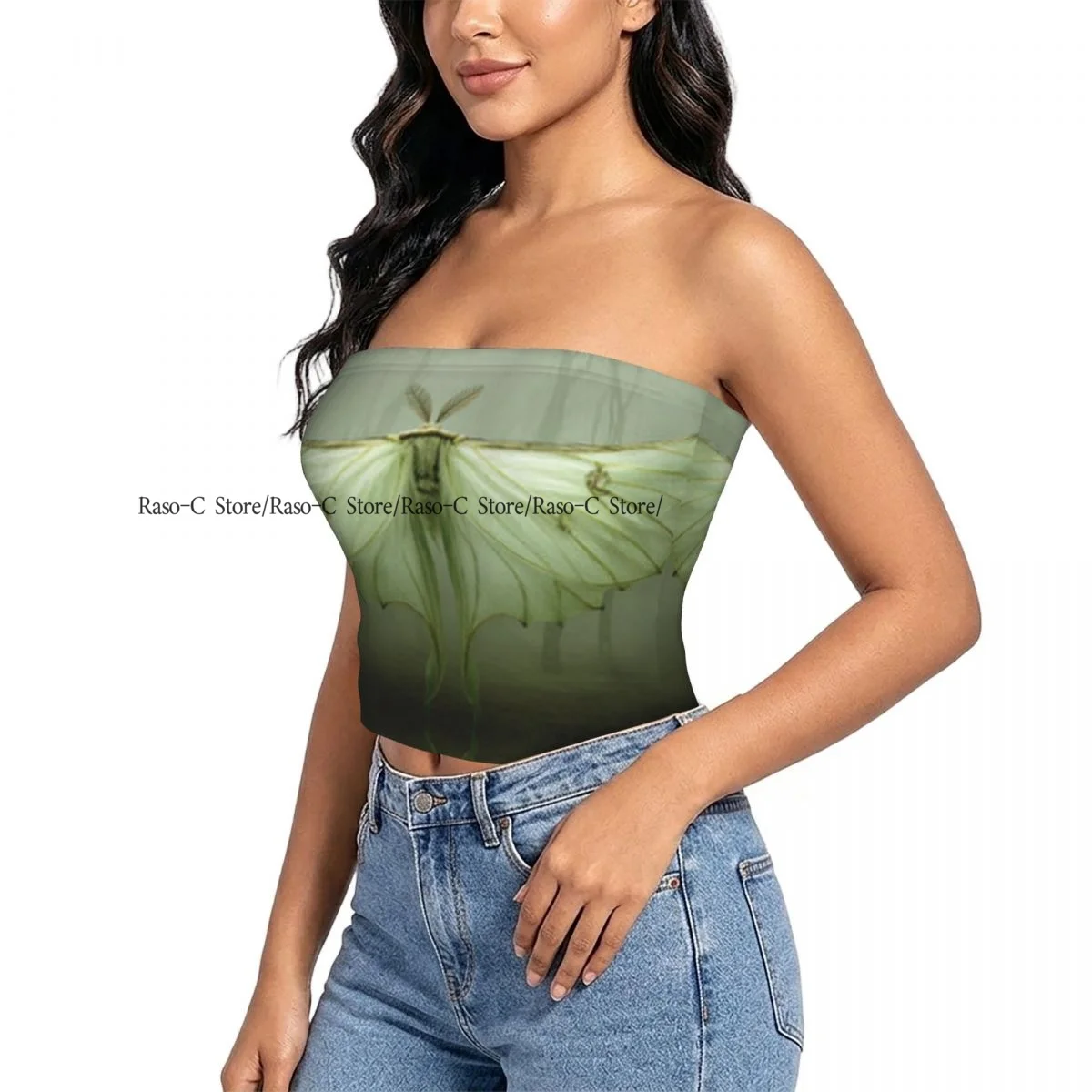 Women strapless blouses sleeveless Green Winged Insect Moth halter-neck sexy short-sleeved blouses