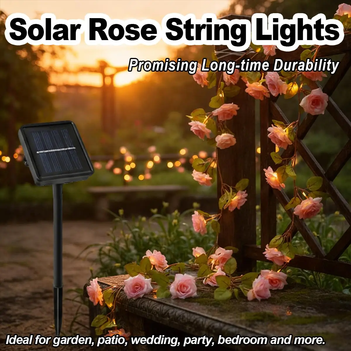 Solar Rose Vine String Light Waterproof LED Warm White Artificial Flower Fairy Garland Outdoor Garden Fence Room Decor Gift Art