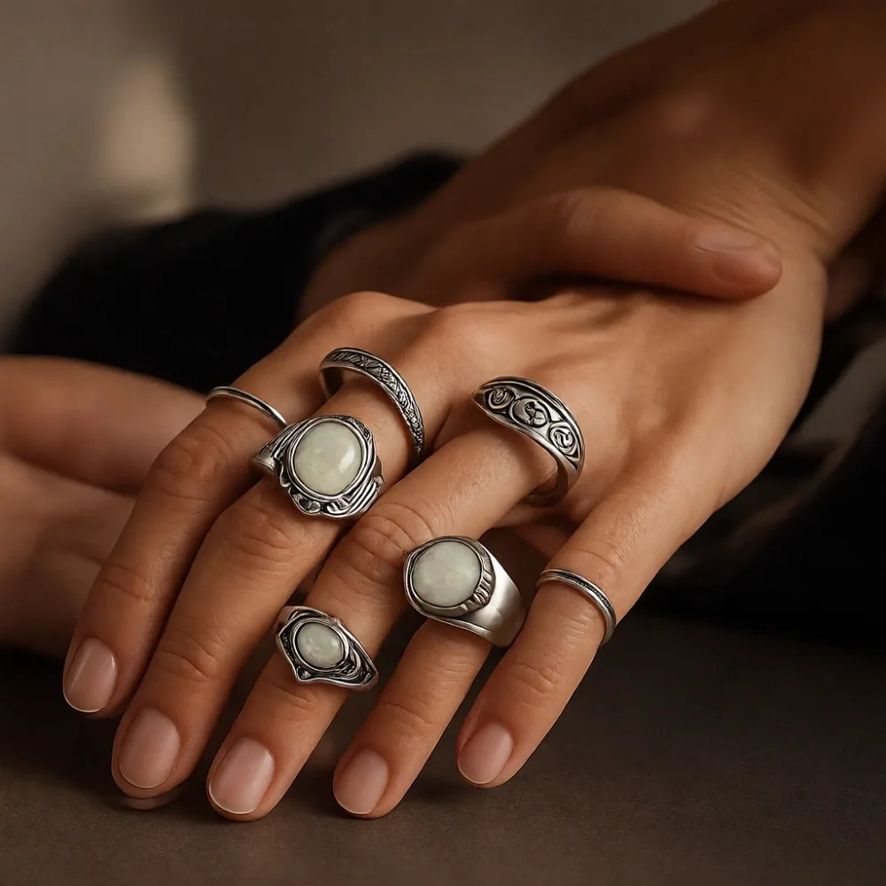

Винтажный набор серебряных колец на костяшки пальцев: массивные, в стиле змеи, готические, штабелируемые, панк, бохо, с черепами, лягушками, сердцами, звездами, цветами, миди-кольца (набор)