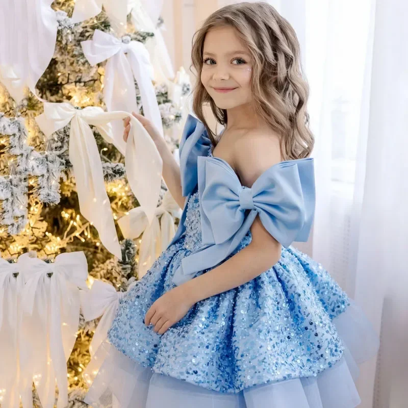 Roze bloemenmeisje jurk tule pailletten met strik mouwloos voor bruiloft prom verjaardagsfeestje banket heilige communie jurk aangepast