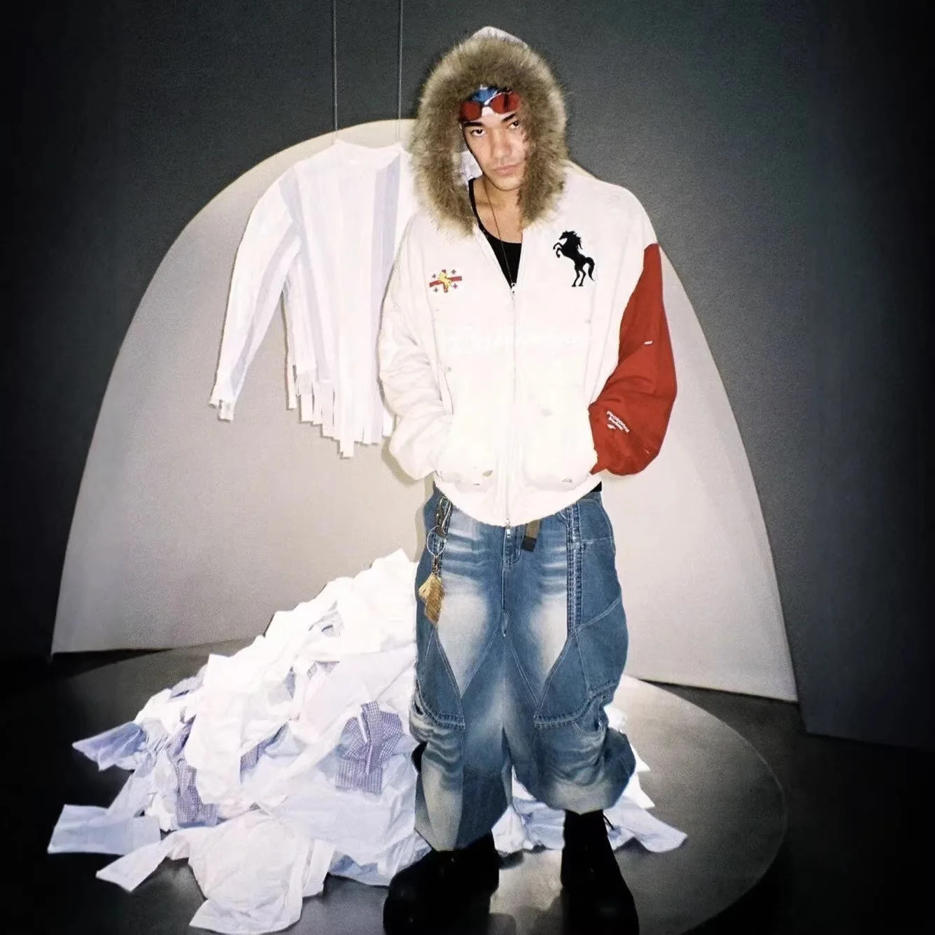 Grailz Project Washed Antique Patchwork Contrasting Fur Collar Warhorse Hooded Zip-Up Sweatshirt for Men and Women Project G/R