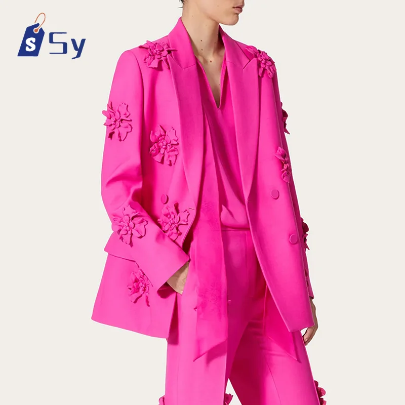 Sy2024 Patchwork Applique Two-piece Women's Lapel Long Sleeve Blazer High Waist Loose Straight Pants Casual Solid Suit For Women