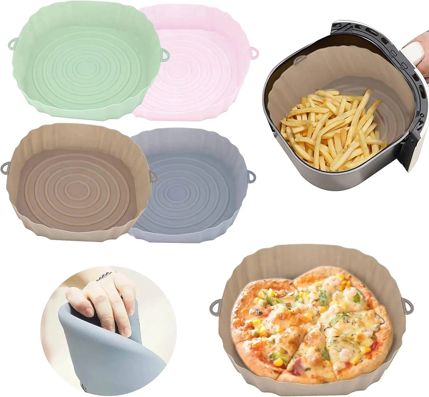 Silicone Air Fryer Liners Reusable Baking Tray Cooking Oven Accessories Round Basket Pot Bowl With Side Handles