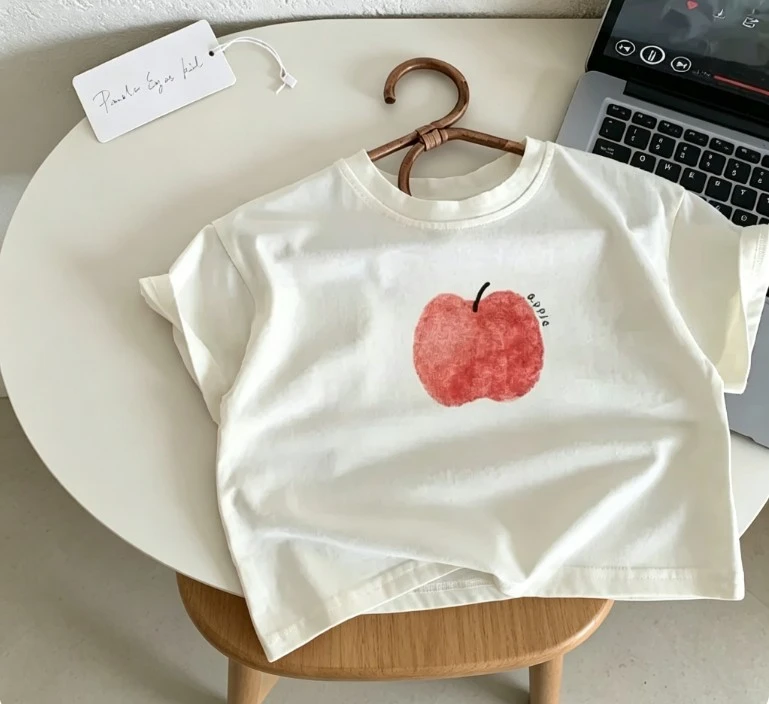 Toddler Simple Fruit Print T Shirts Kids Casual Short Sleeve Tops Featuring Apple And Banana Soft For Children Wear Baby Clothes