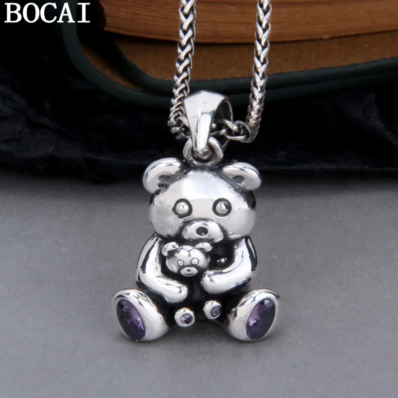 

BOCAI НОВЫЙ S925 Стерлингового Серебра Ретро Личность Онимает Медведь Большой Медведь Отенок Маленький Медведь Подвеска