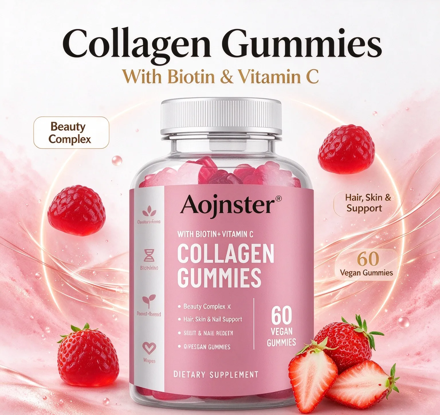 Collagen Vegan Gummies with Biotin&Vitamin C,Strawberry Flavor Dietary Supplement,Daily Nutritional Support