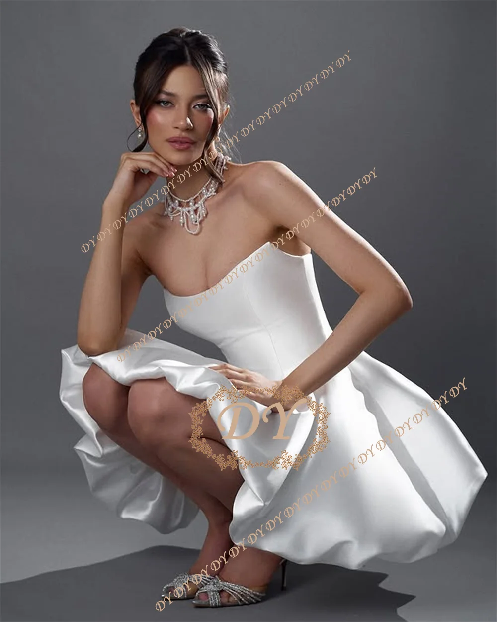 DY Modest Satin Ruffle A Line Mini Wedding Dress Strapless With Removeable Sleeves Bridal Party Gown vestidos de novia Customiz