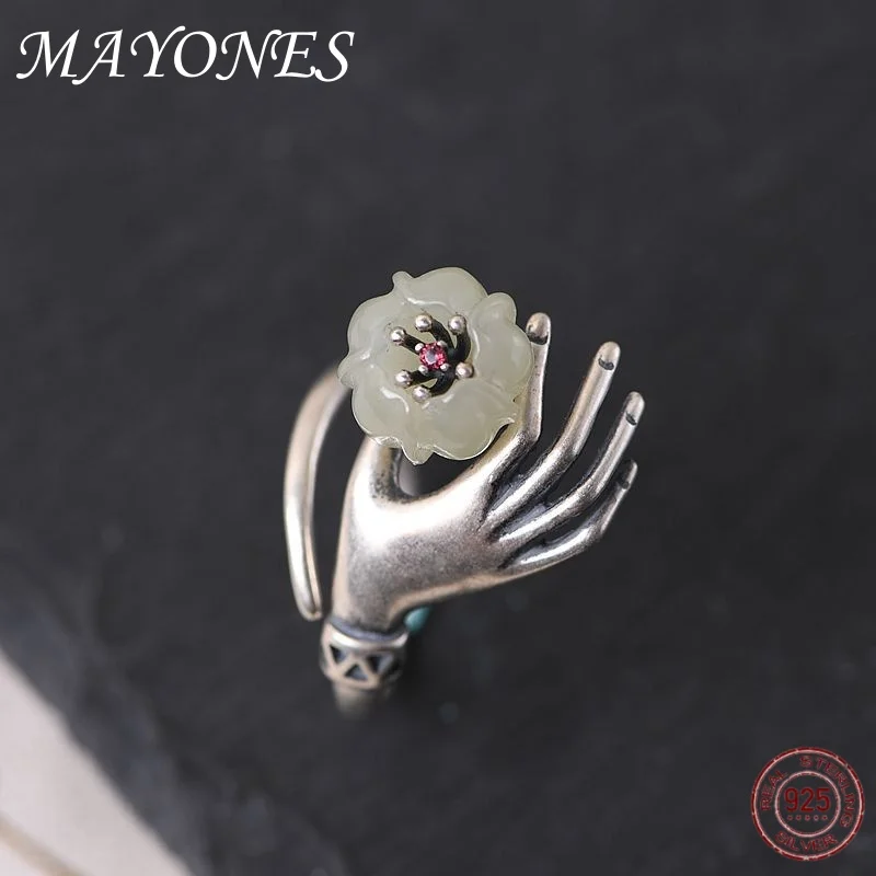 

925 sterling silver inlaid with Hotan Jade ring female antique bergamot lotus opening design ethnic style jewelry