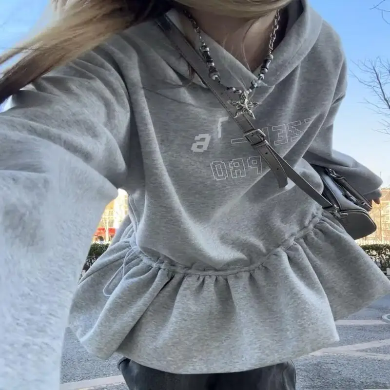 

Autumn Spring Autumn Hooded Sweatshirt Women Loose Fit Long Sleeve Gray Floral Hem Letter Print Couples Wear Casual