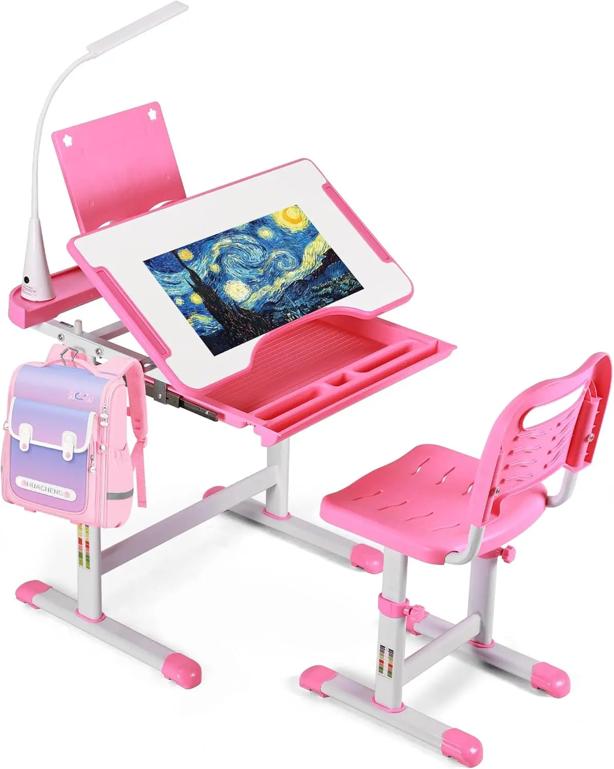 UNICOO Kids Study Table and Chair Set, Height Adjustable Kids Art Desk, Ergonomic Study Desk for Kids, with  LED Lamp