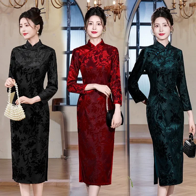 

Эластичное бархатное китайское улучшенное Cheongsam, новинка 2025, женское облегающее платье в стиле ретро с длинными рукавами для мам, осенне-зимнее платье Qipao