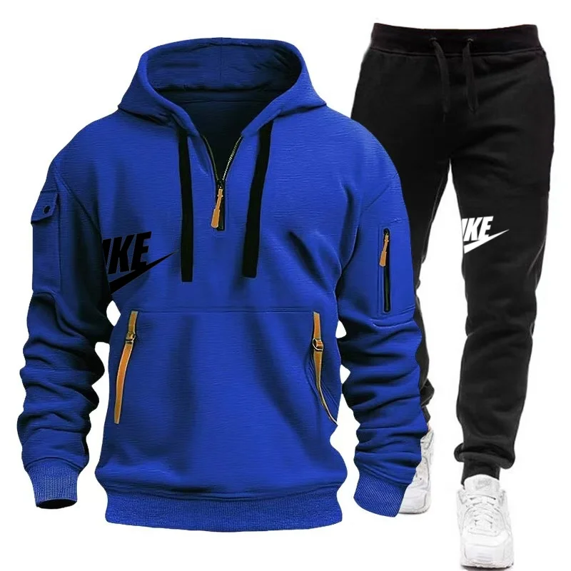 2024 new men\'s multi-pocket zipper hoodie + sweatpants two-piece jogging leisure fitness sports clothing set Large size S-3XL