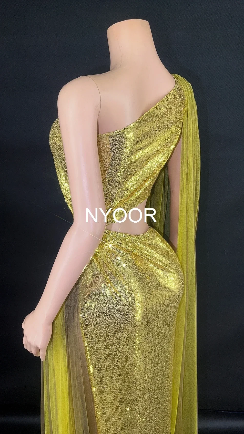 Shining Sequins One Shoulder Sheer Dress Women Sexy Evening Birthday Prom Celebrate Party Dress Show Stage Wear Dance Costume