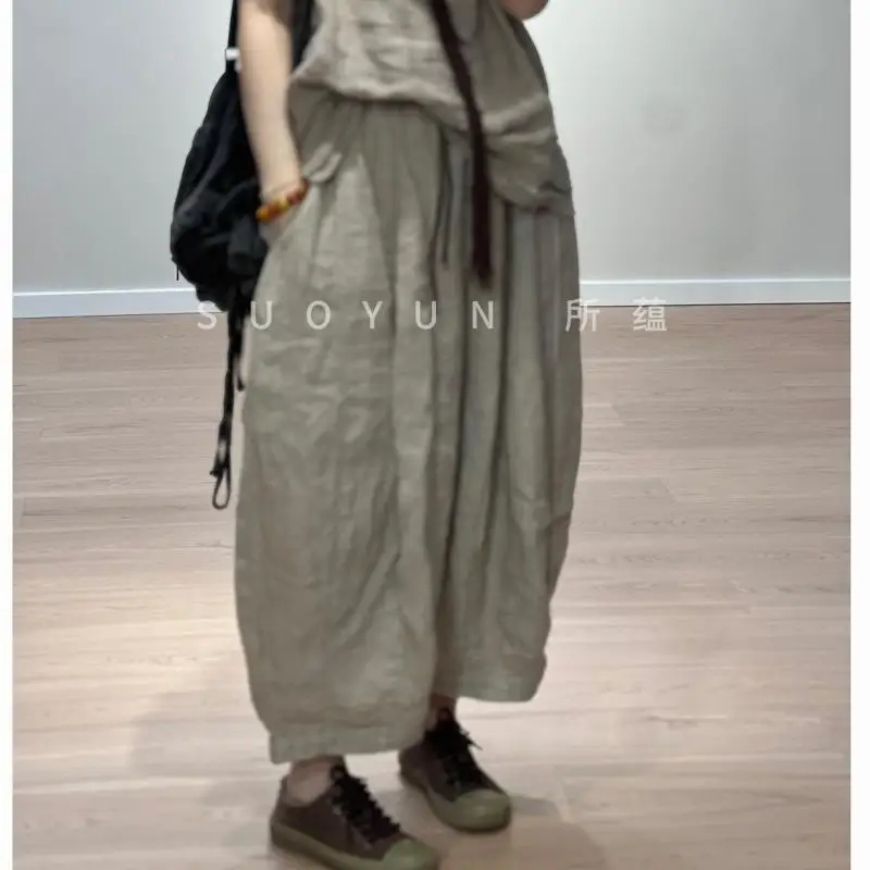 Spring Summer Style Women Elastic Waist Loose Ankle-length Pants All-matched Casual Cotton Linen Wide Leg Pants Good Quality W01