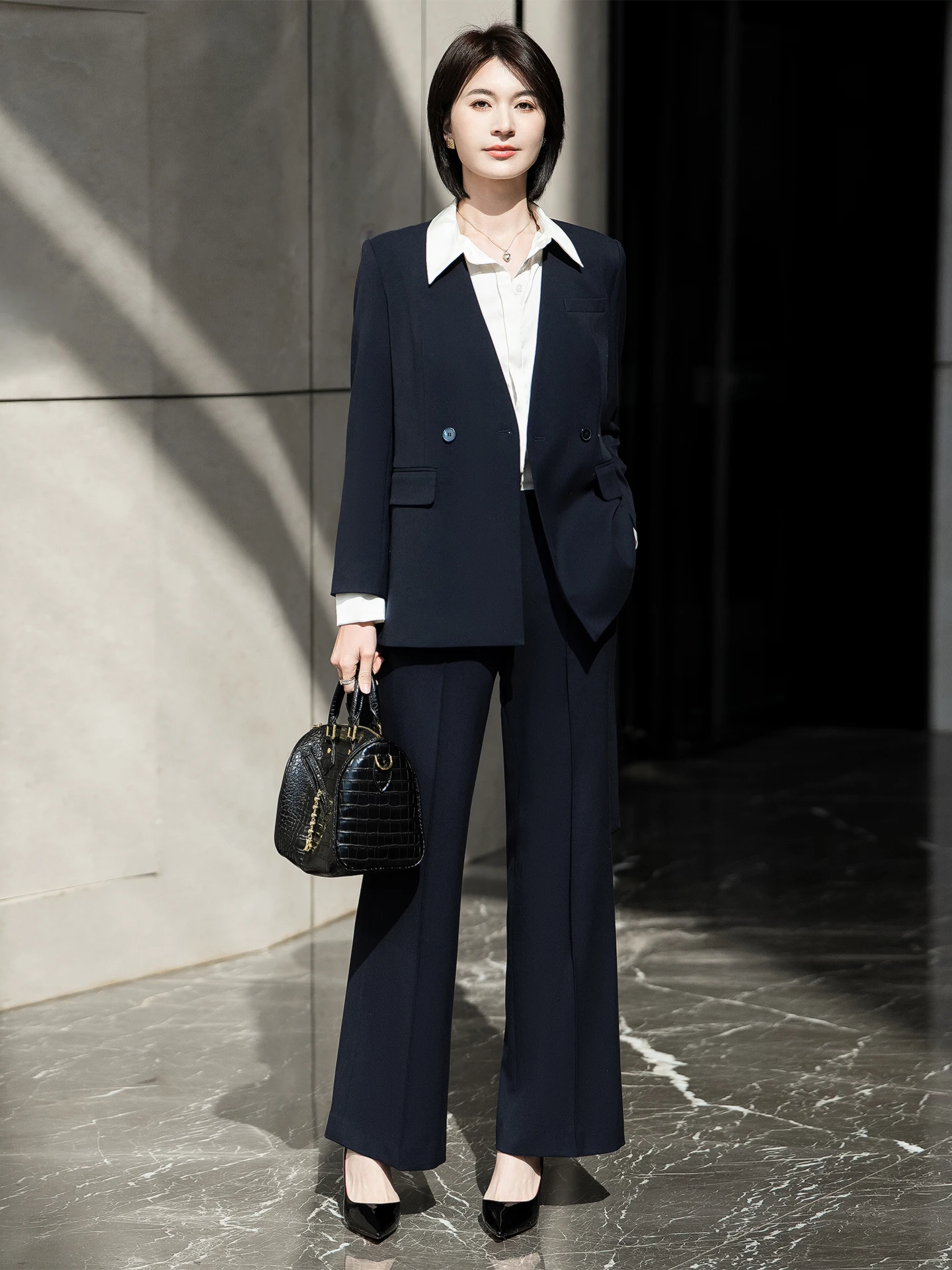 

Qing Zhai Feifei Light Mature Dark Blue Suit Set Women's Spring Commute Professional Two-Piece Slimming Elegant Fashionable