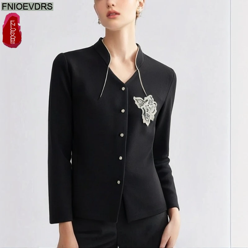 

Элегантные черные базовые рубашки, новые модные женские офисные женские рабочие тонкие топы с v-образным вырезом и цветочной вышивкой, блузки