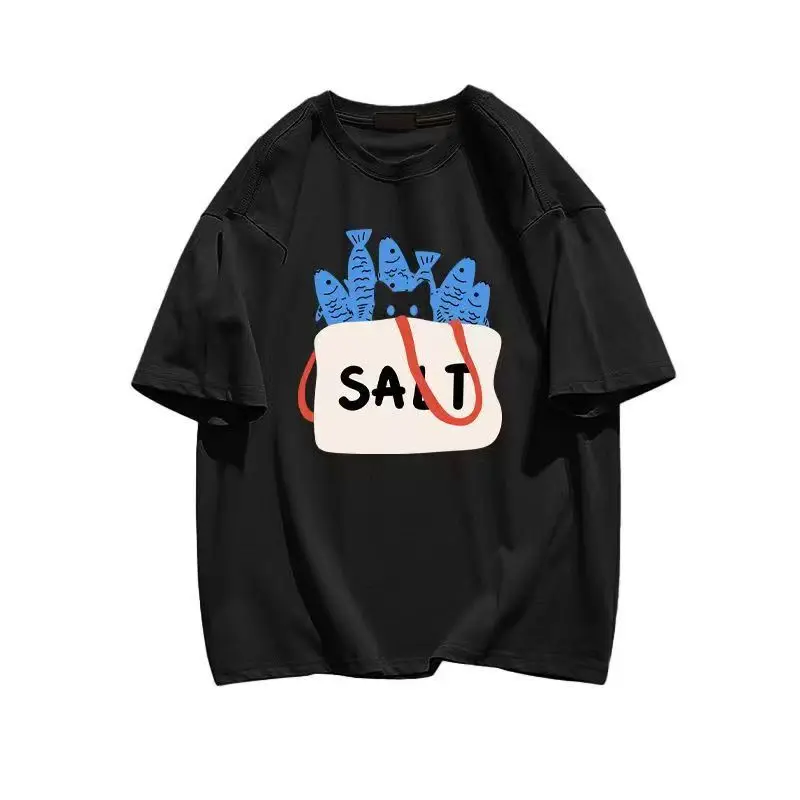 Plus - Size Bicolor Short - Sleeve Tee: Cute Fish & “SALT” Bag Graphic