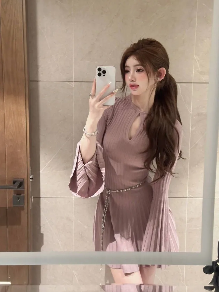 

Slim Fit Knitted Short Dress Purple High Waist A-Line Skirt Korean Style Commute Pure Color Long Sleeve Women's Dress