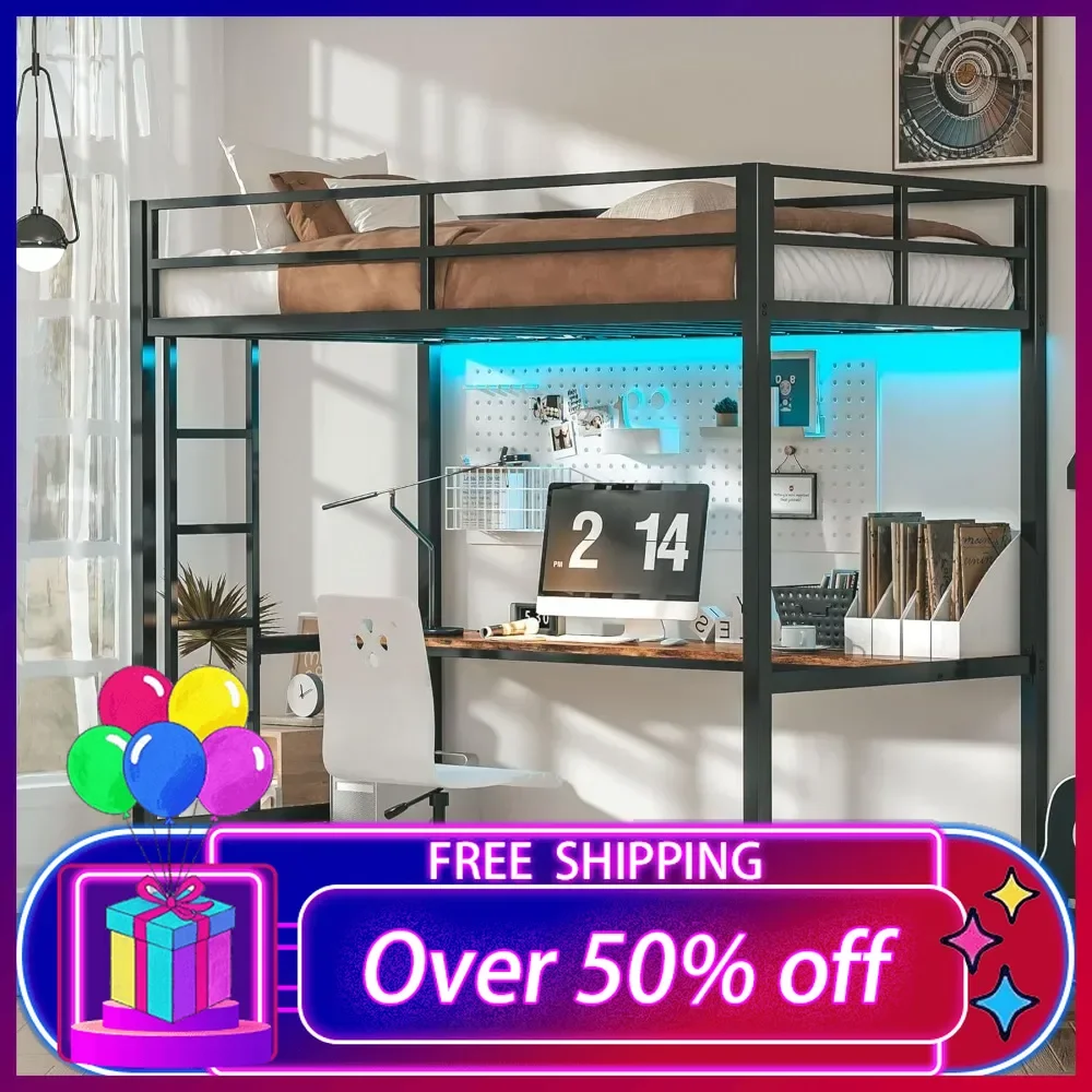 Loft Bed Twin Size with Desk, Metal Loft Bed Frame with Power Outlet and LED Lighted, Space-Saving, Noise Free, Black