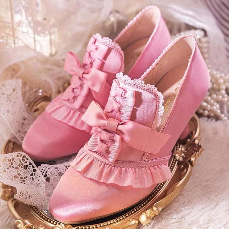 

Lace Butterflly Knot Sation Cat Heel Pumps Sexy Pointed Toe Slip On Customized New Arrvials Fashion Women Modern Shoes