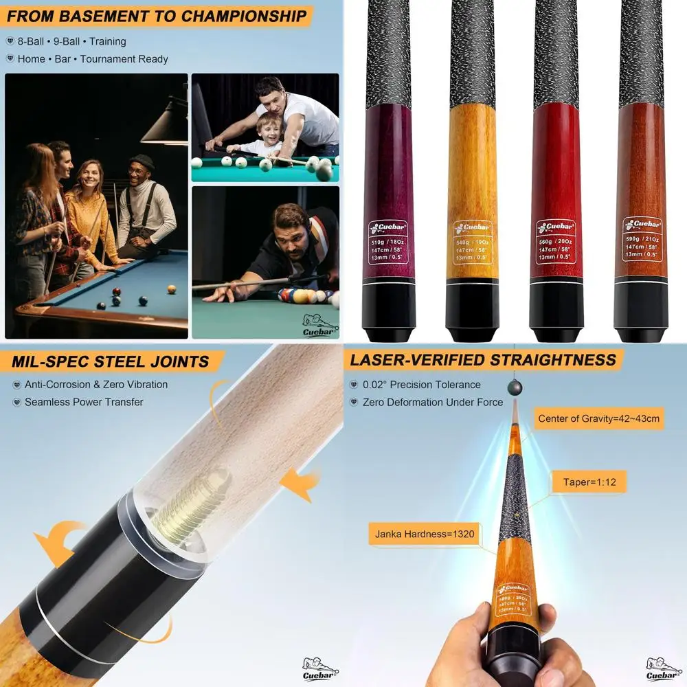 

Set of 4, 58 Two-Piece Maple Pool Cues with 4 Colors/Weights, 13mm Tips, Linen Grips, and 2 Chalks for Home Bar Use