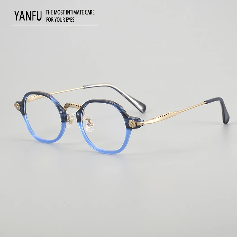 Gradiënt Tweekleurig Veelhoekig Titanium Brilmontuur Blauw Brillen Frames Retro Optisch voor Mannen Vrouwen Lezen Bijziendheid Brillen