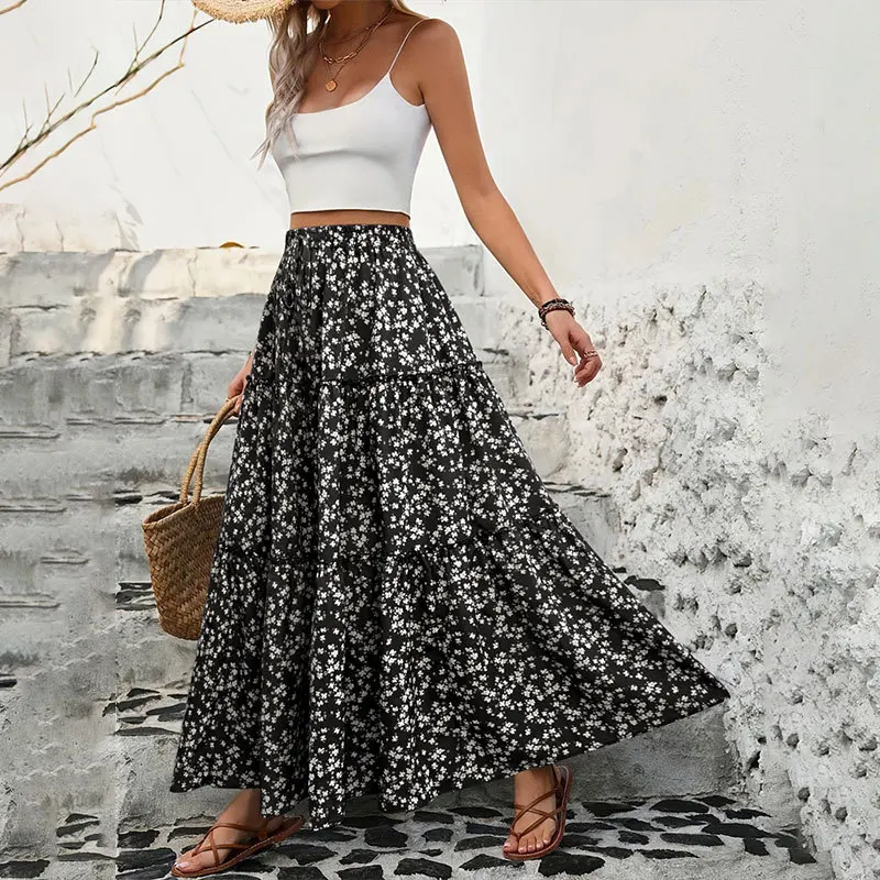 Summer Women Boho Floral Print Tiered Maxi Skirt Elastic Waist Ruffle Swing Long Skirt Beach Vacation Skirt