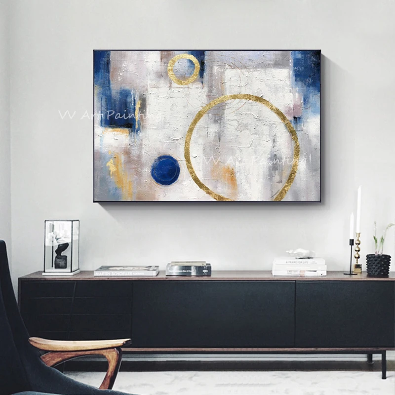 

Современная абстрактная картина маслом: синяя с золотой фольгой, геометрическая текстура, ручная роспись на холсте, настенное искусство для гостиной, роскошный декор для дома
