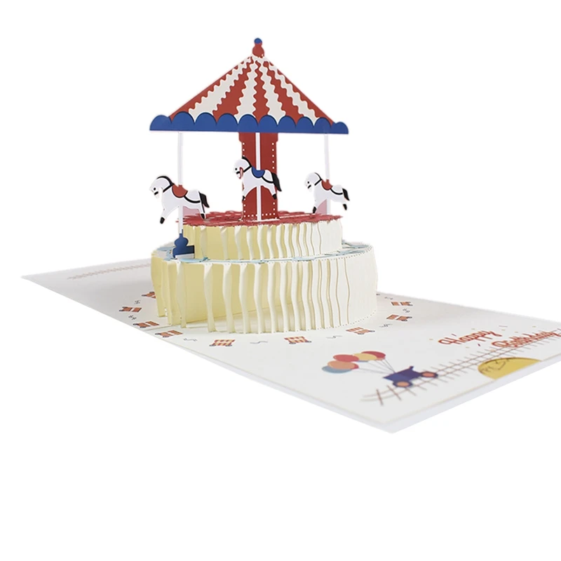 Carte d'anniversaire Top-3D avec la conception de conception de gâteau de carrousel, cartes d'anniversaire avec enveloppe pour la famille, amis, enfants, femmes