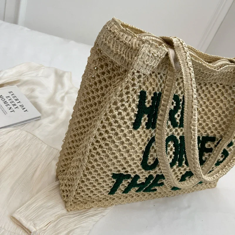 Summer Crochet Tote Bag Women Large Capacity Straw Braid Shoulder Bag Portable Beach Letter Handwoven Handbags Casual Bags