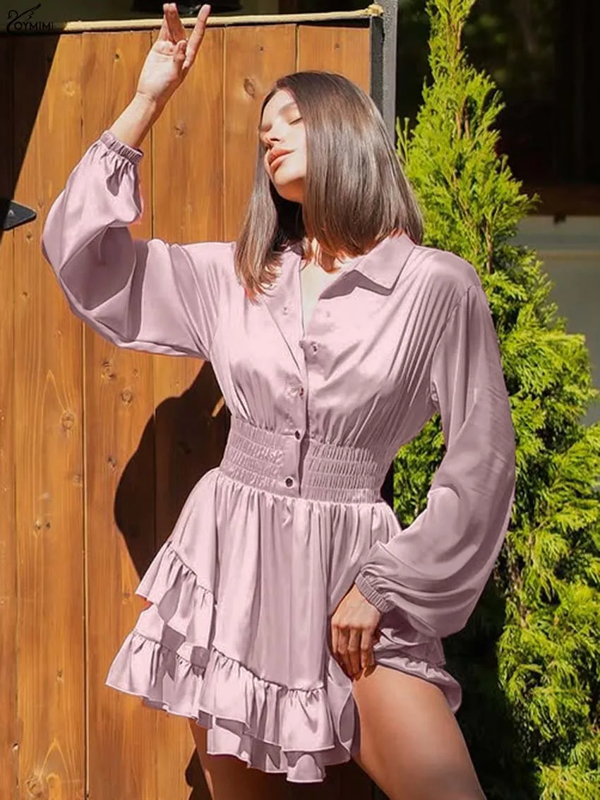 

Oymimi Casual Pink Satin Dresses 2025 Woman Fashion Lapel Long Sleeve Single Breasted Dress Autumn High Waist Pleated Mini Dress