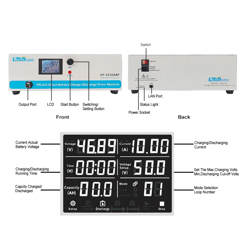 Heltec 9-99V 20A Single Channel VRLA/Lithium Battery Capacity Tester Charge Discharge Cycle Integrated Machine