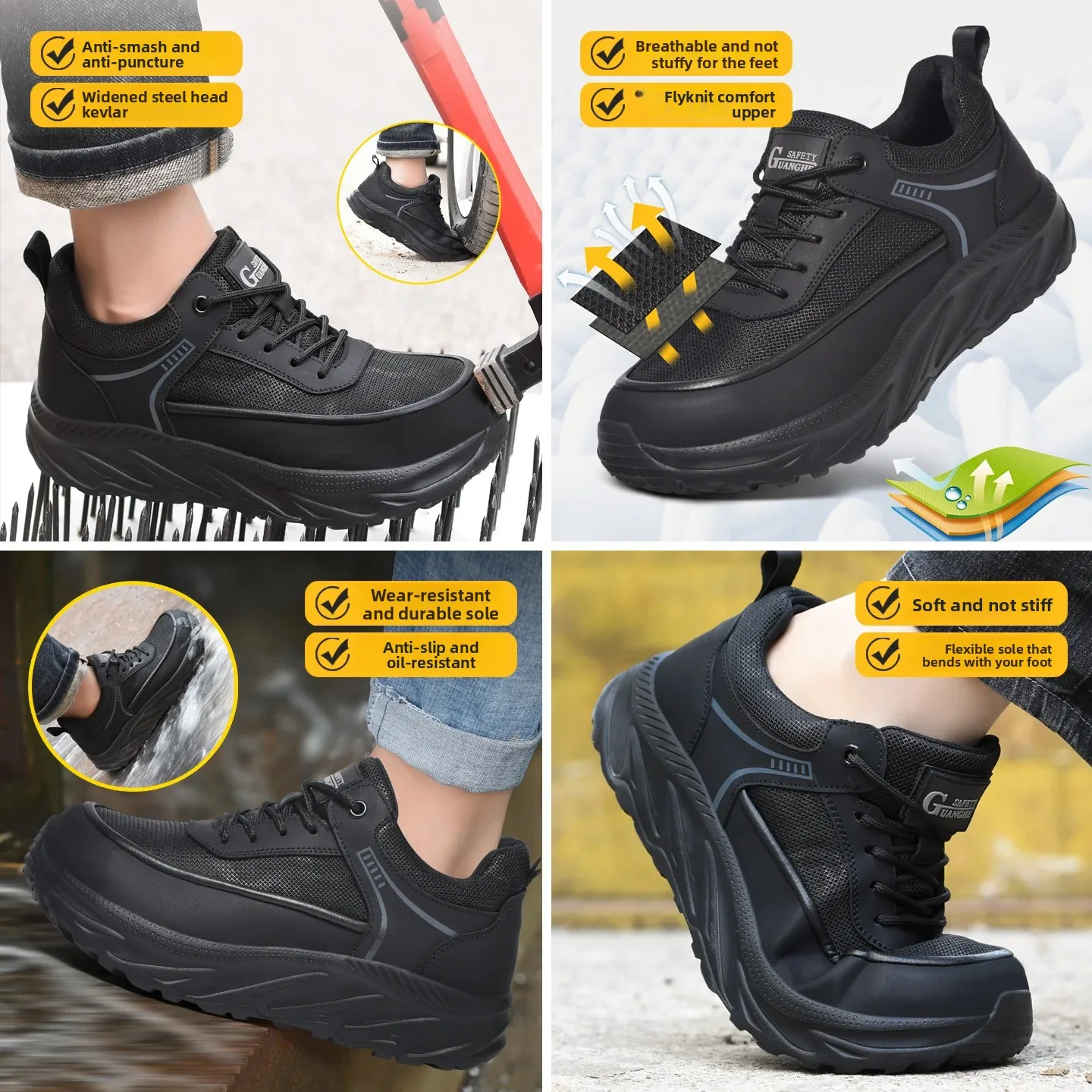 Men's Breathable Mesh Wide Width Summer Safety Shoes, Lightweight Anti-Smash & Puncture Proof Indestructible Work Sneakers