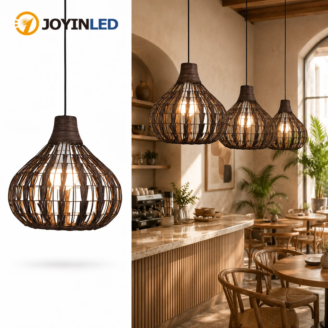 JOYINLED Handwoven Rattan Chandelier, Natural Wicker Pendant Light, Handmade Ceiling Fixture for Living Room Dining Room Decor
