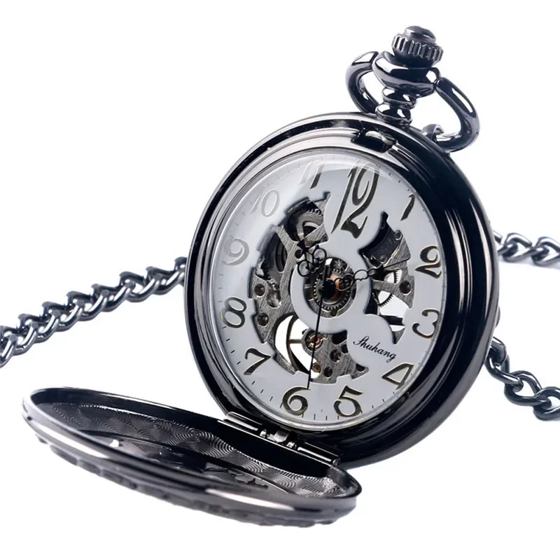 Steampunk Black Hollow Out Case Men's Handwinding Mechanical Pocket Watch Dad Design Pendant Chain Clock Gift To Father