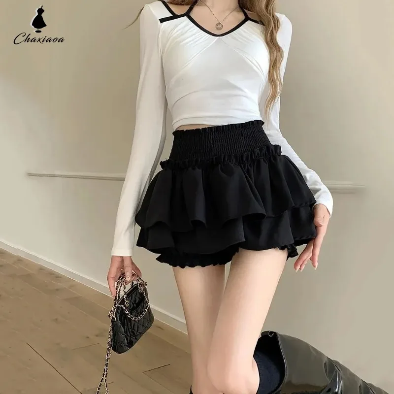 

Tightness High Waist Cake Skirt Women's Black Pure Desire Hotsweet Ruffle Edge Design Built in Shorts American Fashion Wholesale