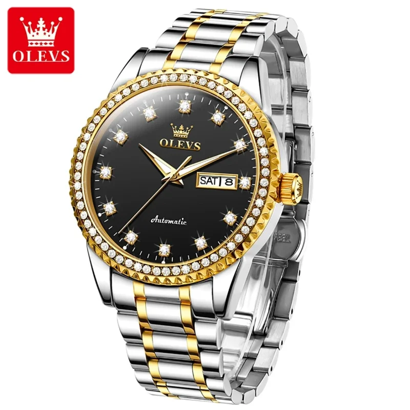 

Olevs 7003 fashion mechanical men watch stainless steel watchband round-dial wristwatch week display calendar luminous