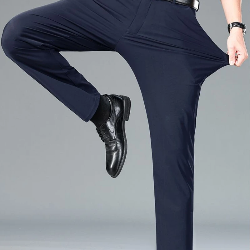 Men Black Casual Pants Stretch Straight Summer Pants Business Baggy Man Adult Clothing Casual Office Thin Slim Fit Solid  New