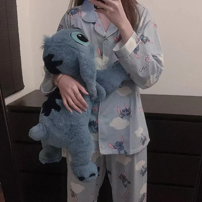 

New Stitch pajamas long-sleeved trousers pure cotton two-piece set cartoon cute Stitch women's loungewear set