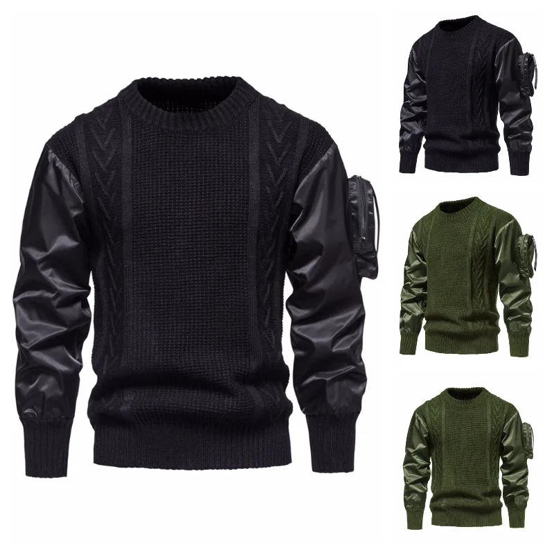 

Foreign Trade Men's Trendy Round Neck Patchwork Sleeve Three-dimensional Pocket Personalized Sweater Knitted Sweater Men's Coat