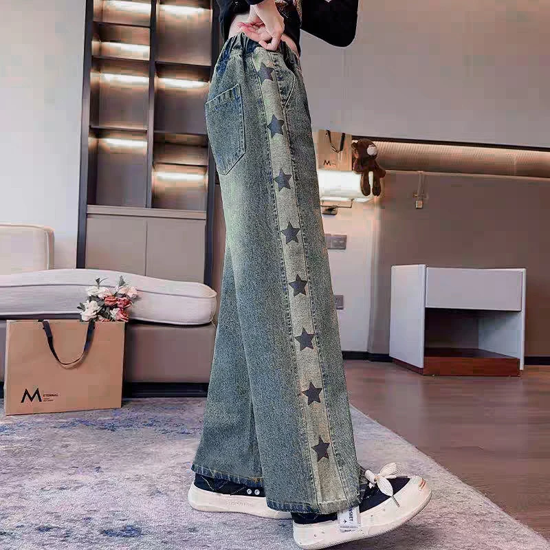 IENENS Straight Loose Wide-leg Jeans High Waist Pants Girl's Baggy Jeans Spring and Autumn Korean Fashion Denim Trousers