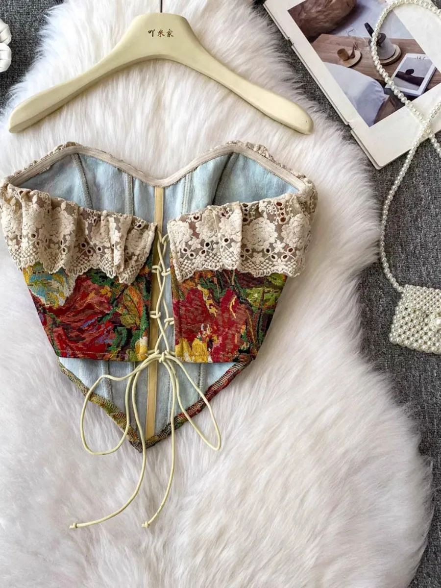 Foamlina American Ins Vintage Jacquard Pittura a olio Corsetto High Street Y2K Patchwork Pizzo Gilet sexy Canotta attillata attillata